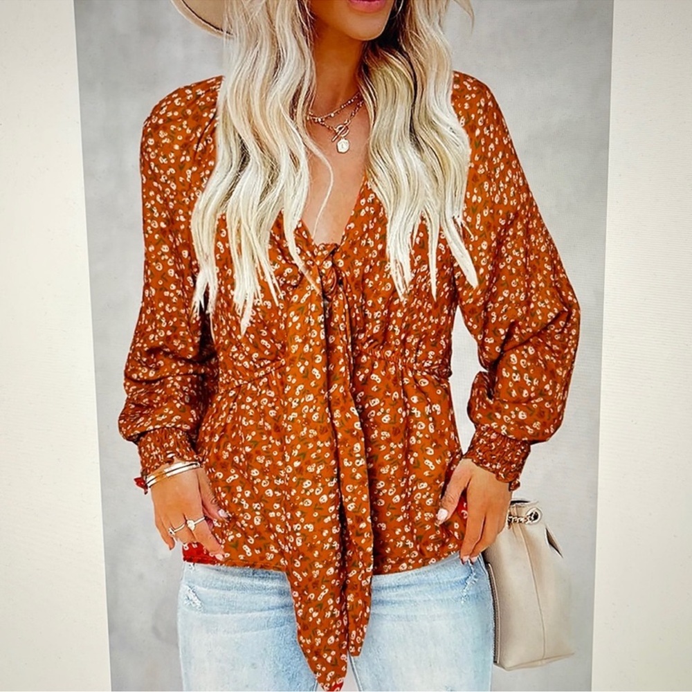 Burnt floral burnt Orange Bohemian Tie Front Top Shirt Blouse Plus Size XL